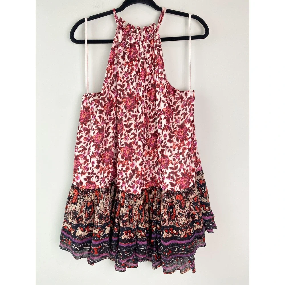 Free People Lyla Mini Swing Dress XS Pink Floral‎ Halter Neck Tiered Ruffle